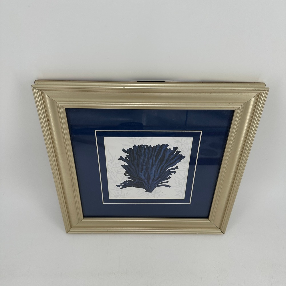 Coastal Blue Sea Coral Framed Wall Art Navy Double Mat Champagne Gold Frame